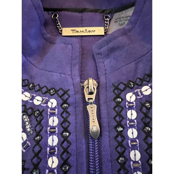 TanJay Blazer Women's Large 14P Purple Embroidered Beaded Accent Full Zip Jacket - Picture 9 of 13